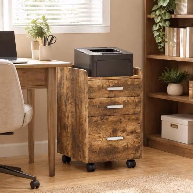 STILVORA 3-Drawer Filing Cabinet with Castors, Rustic Dark Brown – 1