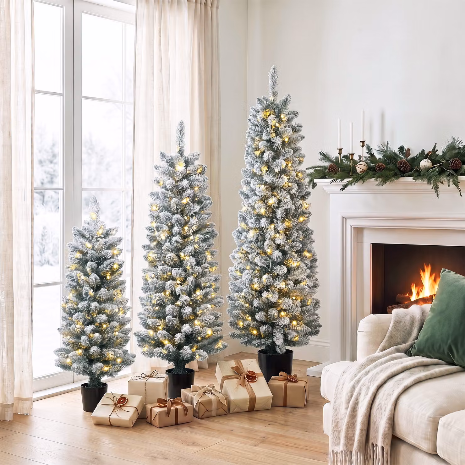 HOMCOM Set of 3 Slim Snowy Flocked Artificial Christmas Trees with Warm White LED Lights, White, H 152 cm, H 122 cm, H 91 cm – 2