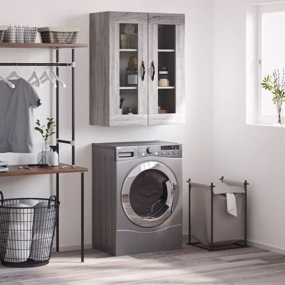 Berkfield Home Wall Mounted Cabinet in Grey with Glass Doors, W: 69.5 cm, D: 34 cm, H: 90 cm – 2