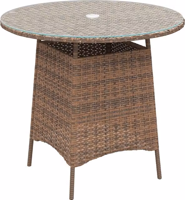 Outsunny Brown Wicker Rattan Round Garden Coffee Table with Tempered Glass Top and Umbrella Hole – 1