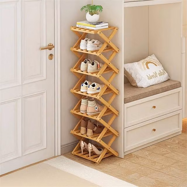 EONLION 7-Tier Folding Bamboo Shoe Rack in Natural Wood, Width: 50 cm