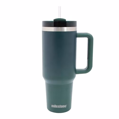 Milestone Camping 40oz Insulated Stainless Steel Tumbler with Straw, Handle and Lid in Green