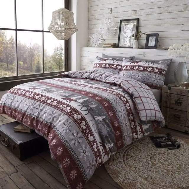 Happy Linen Company Scandi Nordic Checked Reversible Brushed Cotton Duvet Cover and Pillowcase Set in Red, Double
