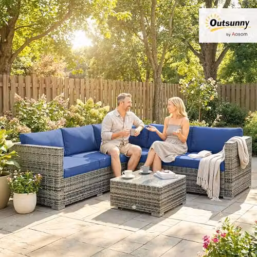 Outsunny 4 Piece Blue Rattan Garden Furniture Set with L-Shape Corner Sofa, 2-Seater Sofa, Coffee Table and Upholstered Cushions – 2