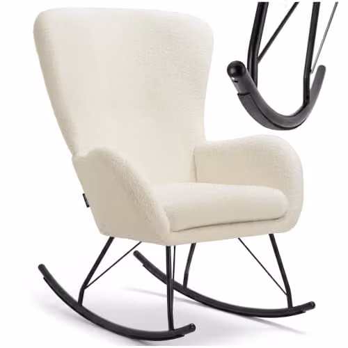 tectake Rocking Chair with Bouclé Fabric and Foam Padding, Modern Armchair with Metal Frame in Beige, Black or White