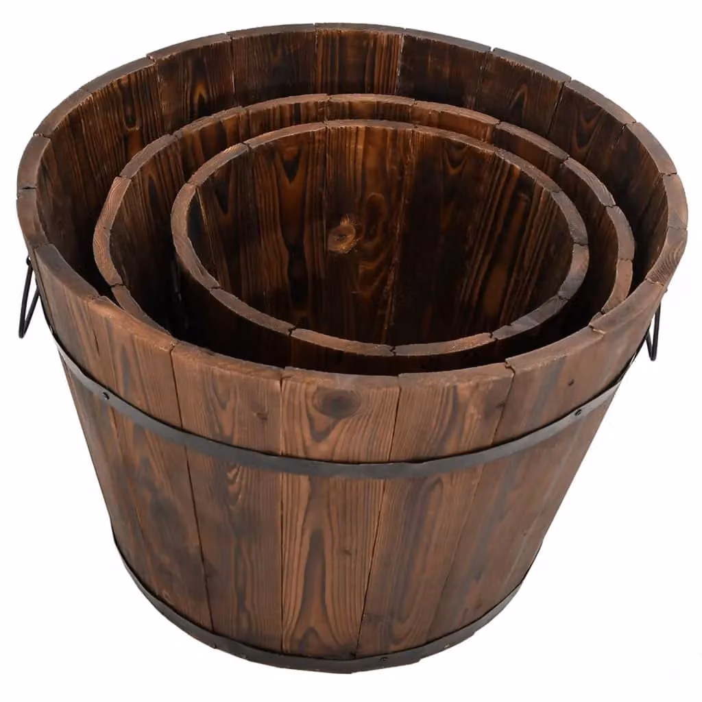 Berkfield Home 3 Piece Solid Wood Fir Bucket Planter Set in Brown – 3