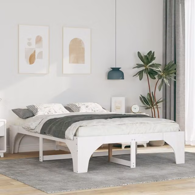 Berkfield Home Floor Bed Frame with Storage in White Solid Pine Wood W/D/H: 140 x 200 cm – 1