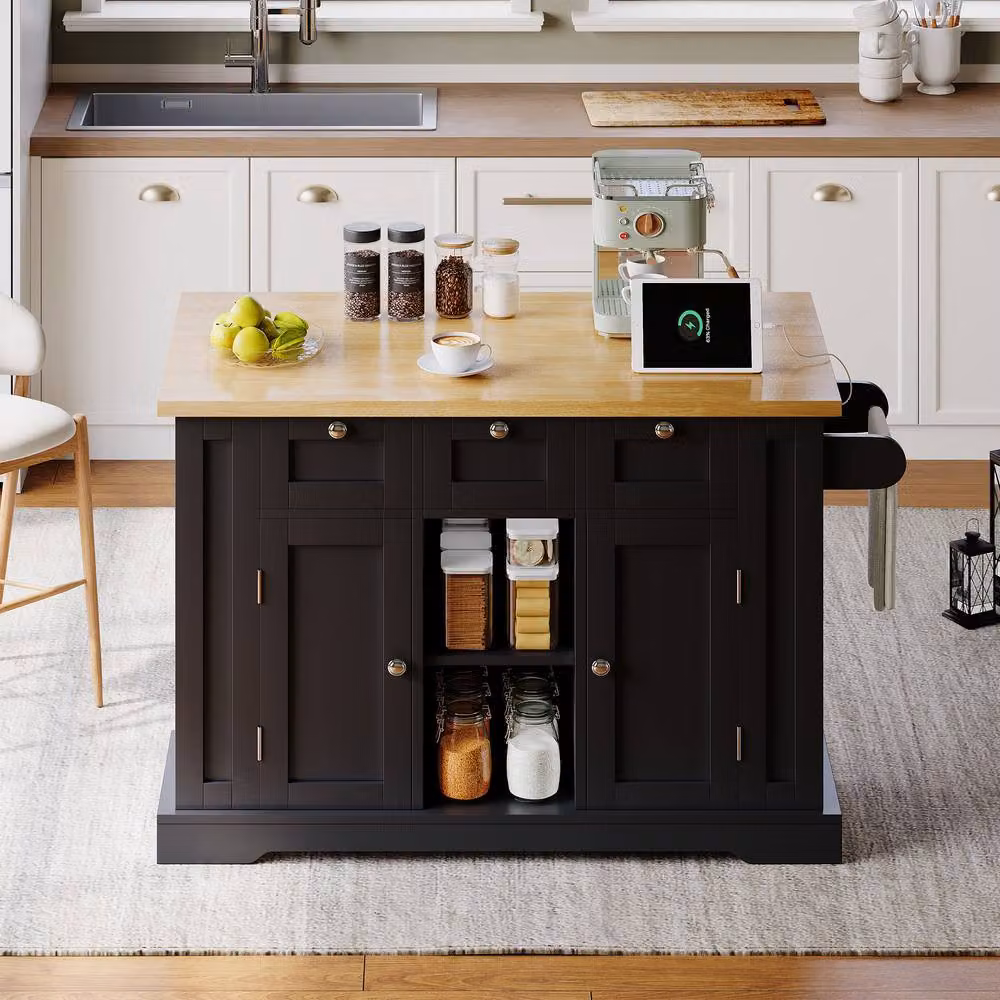 Merax Kitchen Island Trolley with Foldable Top and Socket in Black, W/D/H: 132 x 40 x 120 cm – 6