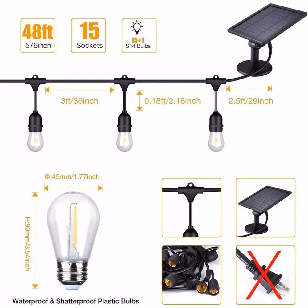 EONLION 15m Solar S14 Vintage Festoon String Lights in Black with Warm White LED and Dusk Sensor – 2