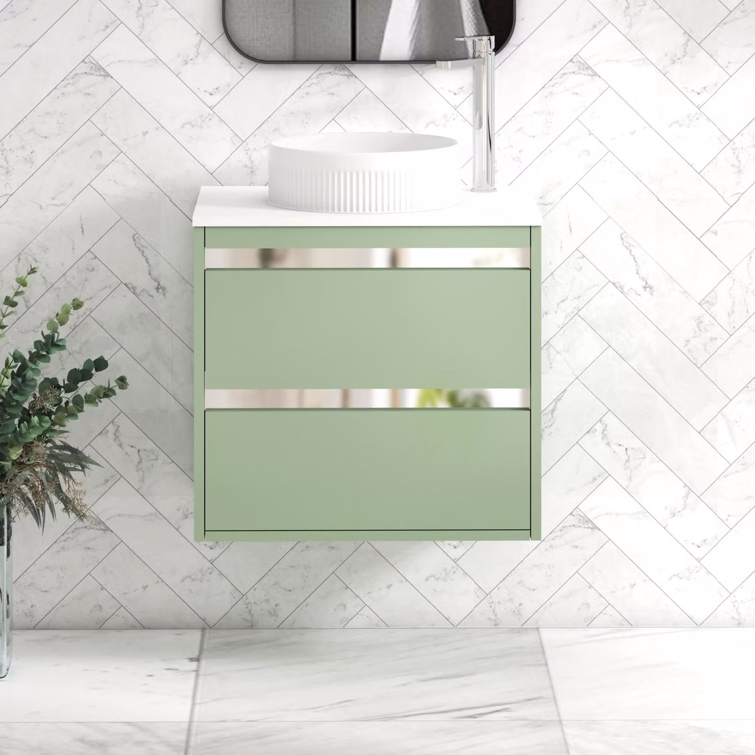 Royal Bathrooms Orion 600mm Wall Hung Mint Sage Vanity Unit with 2 Drawers and Round Basin