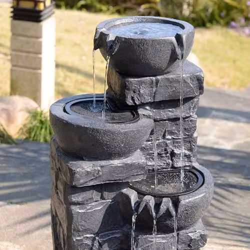 Teamson Home 4 Tier Cascading Bowl Outdoor Water Feature with Warm LED Lights, Dark Grey, W/D/H: 39.5 x 39.5 x 82.5 cm – 4