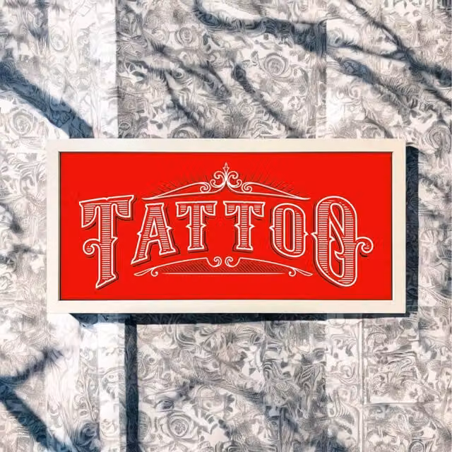 Echo Three Tattoo Parlour Sign Framed Wall Art Print in White and Red