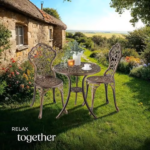 tectake Lyon 3-Piece Bistro Set for 2 People, Antique Bronze Powder Coated Aluminium Garden Table and Chairs with Floral Pattern for Balcony and Terrace – 7