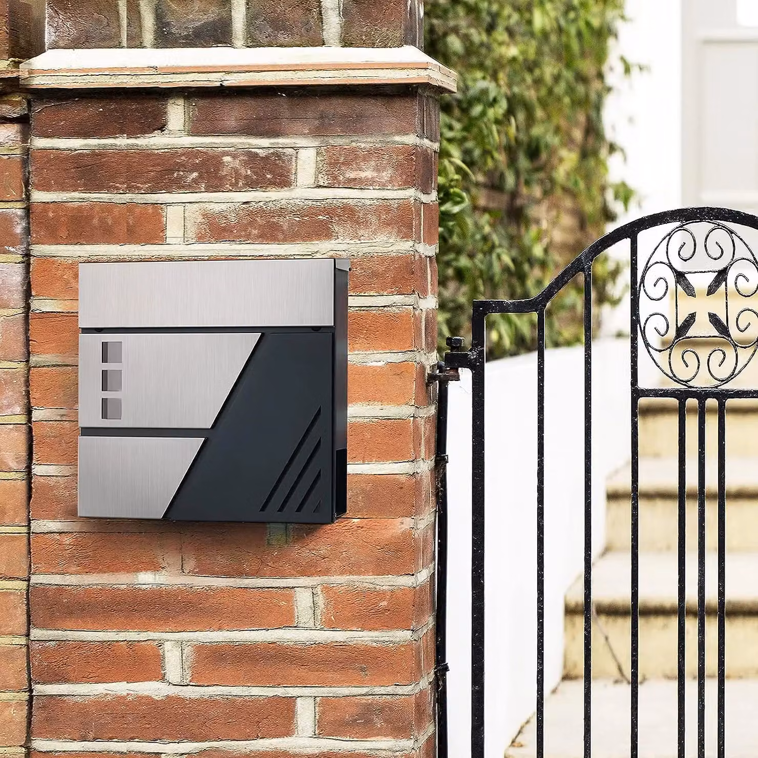 SONGMICS Wall Mounted Stainless Steel Letter Box with Lock and Viewing Windows in Silver, W: 37.0 cm, H: 37.0 cm, D: 10.5 cm – 2