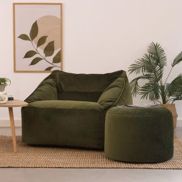 icon Natalia Velvet Adults Bean Bag Armchair and Pouffe Set in Dusk Pink and Olive Green – 1