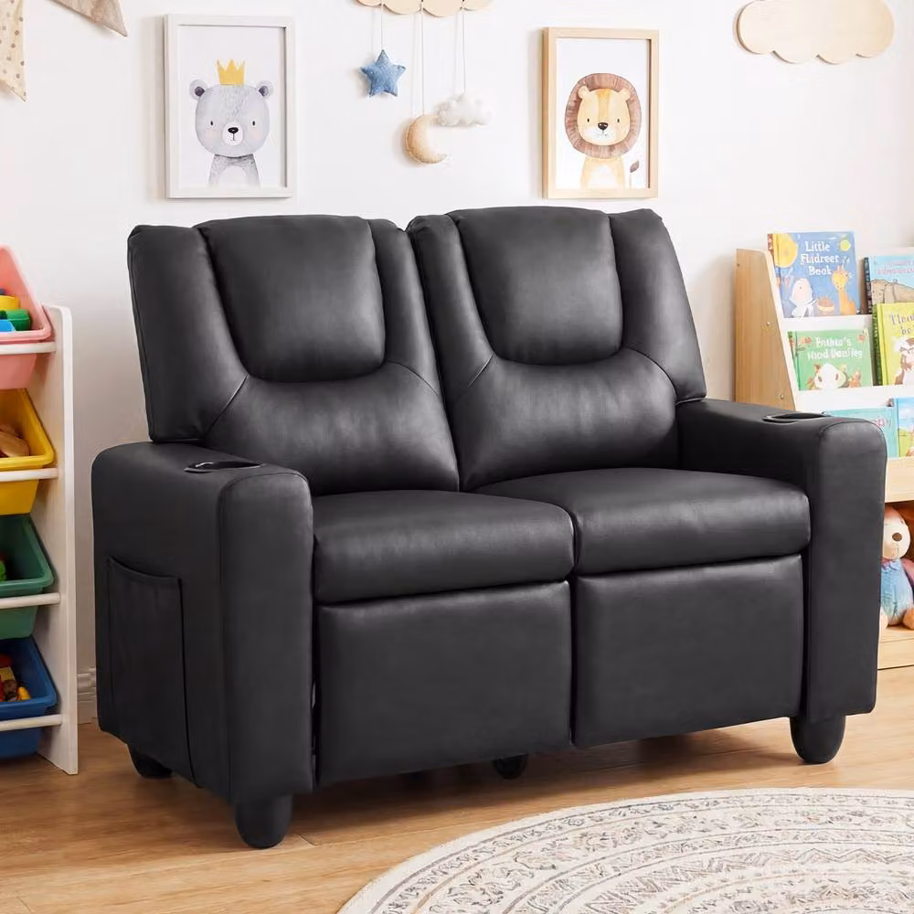 CASART 2-Seater Kids Recliner Double Toddler Sofa Chair in Black with 2 Cup Holders – 3