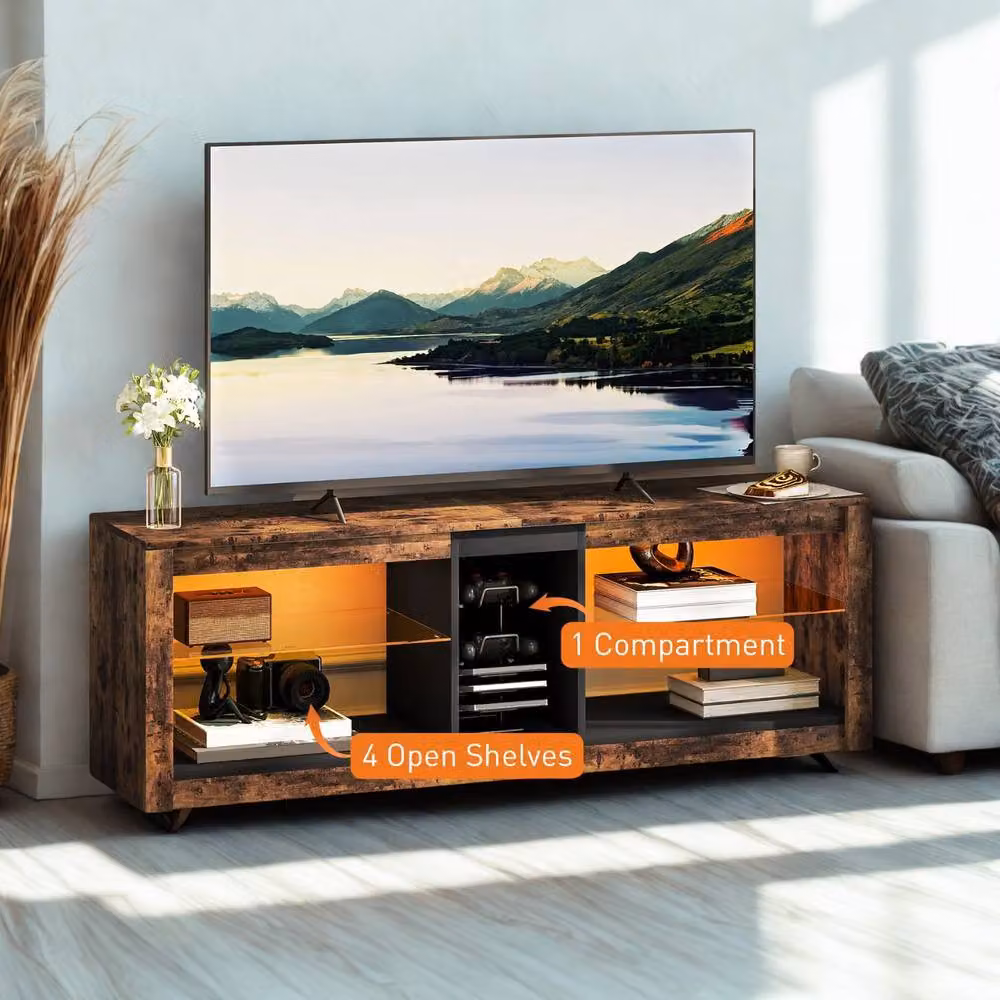 FURNOS Industrial TV Stand Unit with Integrated LED Lights and Storage Shelves in Brown, W/D/H: 140 x 35 x 47 cm – 3