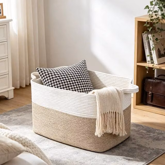 Kelvenix Large Cotton Rope Laundry Basket with Handles, Brown, 65L – 1