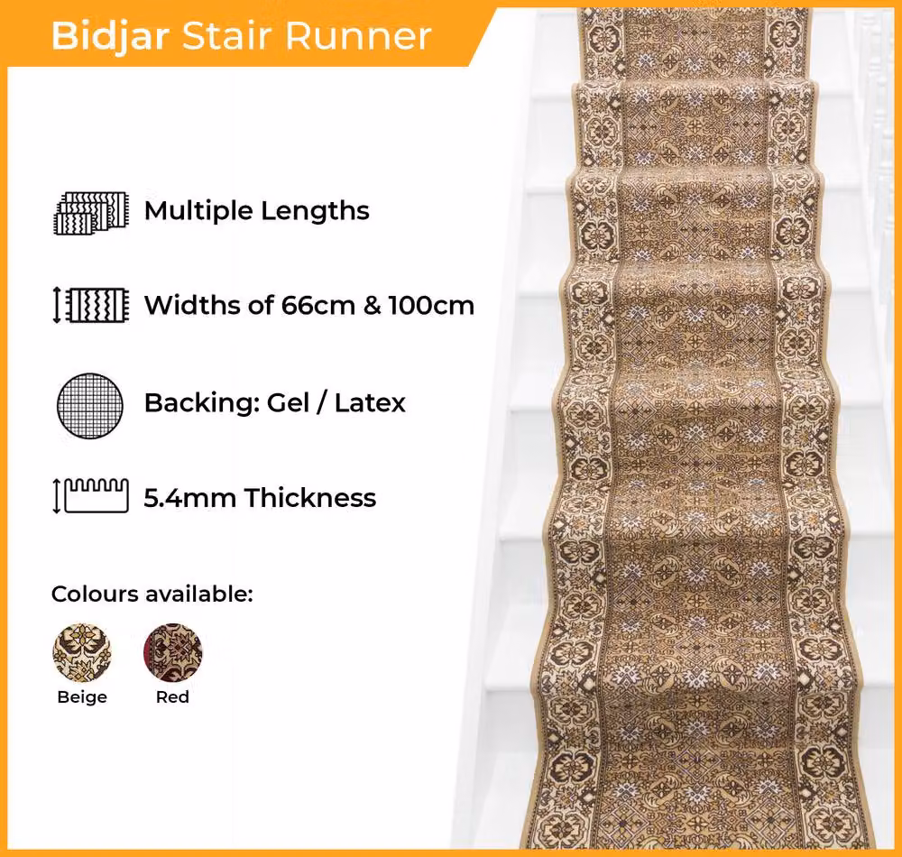 runrug Bidjar Stair Runner Carpet, Red, W: 66 cm, L: 720 cm – 2