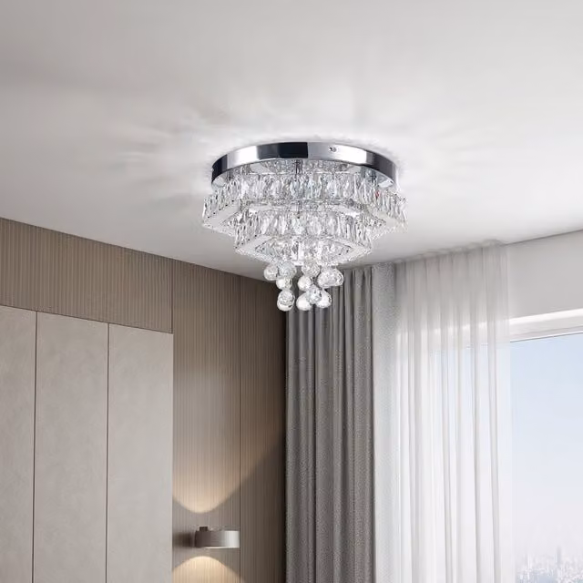 Livingandhome Hexagon 2-Layer Stainless Steel and Crystal Ceiling Light with Remote Control in Chrome