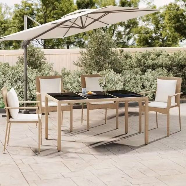 Berkfield Home Beige Poly Rattan Garden Table with Tempered Glass Top – 1