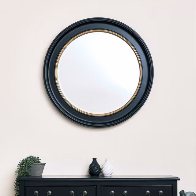 Melody Maison Vintage Round Wall Mounted Mirror in Black and Gold, Diameter: 80 cm