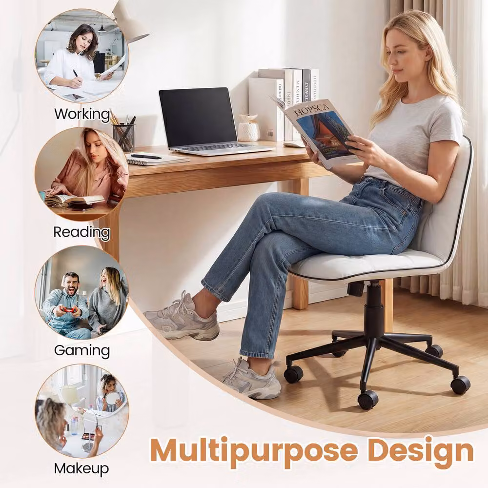 Gymax Armless Swivel Home Office Task Chair in White PU Leather – 5