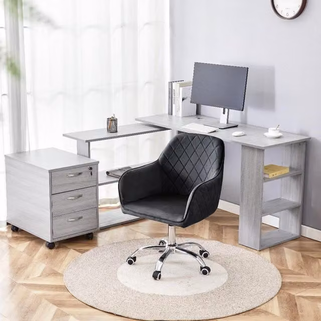 Kosy Koala Modern L-Shaped Office Desk Set with Chair, Shelves and Drawer Pedestal in Black and Grey