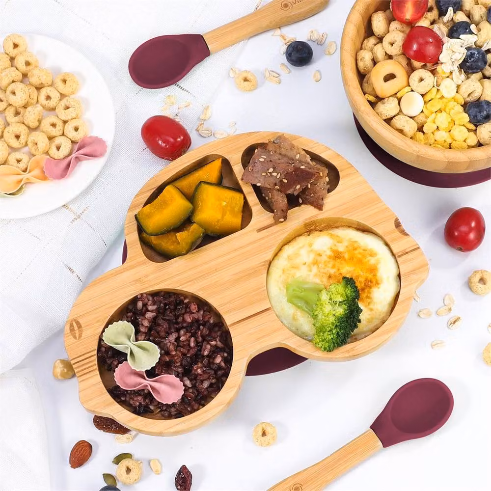 PAWNORA Red Bamboo Divided Plate, Bowl and Spoon Set – 3