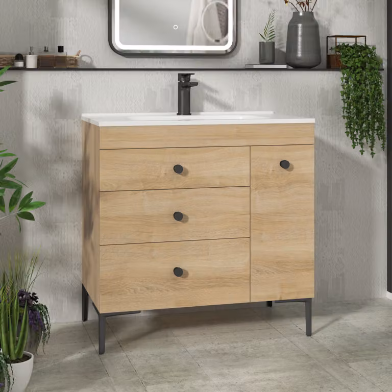 Royal Bathrooms Verona 800mm Natural Oak Floor Standing Bathroom Vanity Unit with 3 Drawers, Side Pull Out Storage and Ceramic Basin in Brown and Black