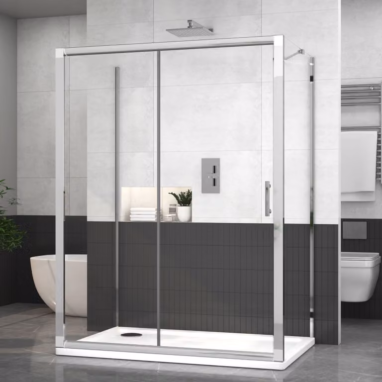 Royal Bathrooms Grand 3-Sided Rectangular Sliding Door Shower Enclosure with 6mm Transparent Glass and Silver Trim, W: 130 cm, D: 90 cm