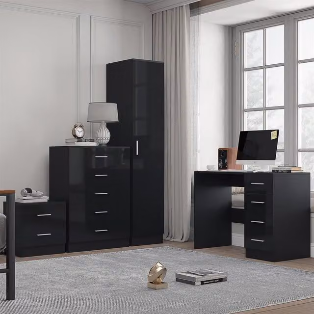 REFLECT Bedroom Furniture Set in Black High Gloss and Matt Black featuring 1 Door Wardrobe, 5 Drawer Chest, Bedside Table and Desk