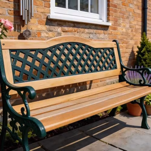 Home Source Lorien 2-Seater Wooden Garden Bench in Verdigris Green with Geometric Lattice Back Design, W/D/H: 125 x 52 x 76 cm – 2