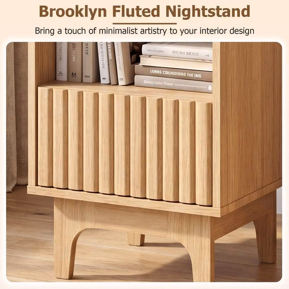 VOGREX Fluted Nightstand with Open Compartment and Drawer in Beige – 4