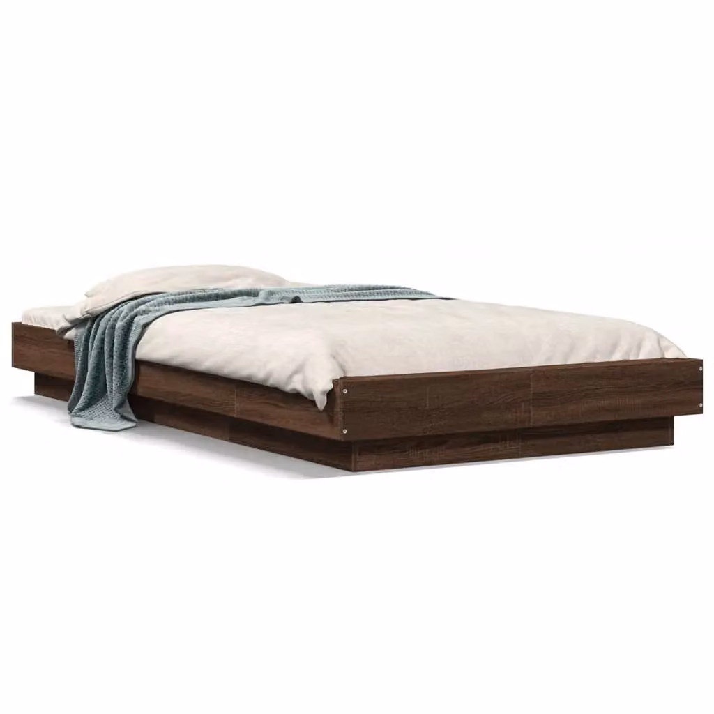 Berkfield Home Modern Bed Frame with LED Under-Bed Lighting and USB Charging Port in Brown Oak, W/D/H: 90 x 200 cm – 2