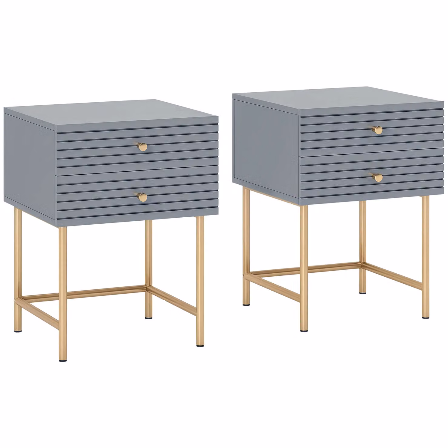 HOMCOM Set of 2 Modern Grey Bedside Tables with 2 Drawers and Gold Accents – 2