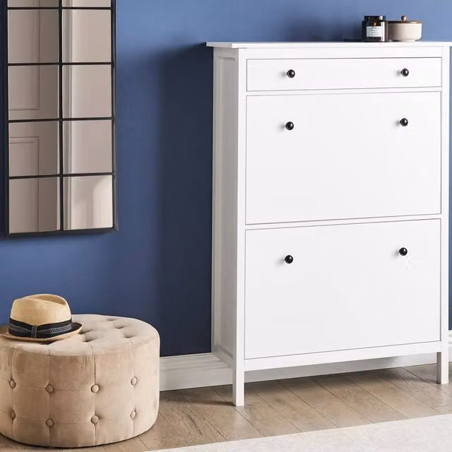 Wyld Haus White MDF Scandinavian Shoe Cabinet with Tilting Compartments and Internal Shelves, W/D/H: 127 x 30 x 89 cm