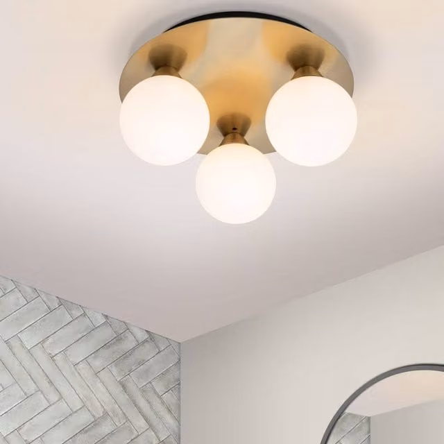 COSYLYTE Bowen 3 Light Glass Ceiling Flush Light for Bathroom in Brass