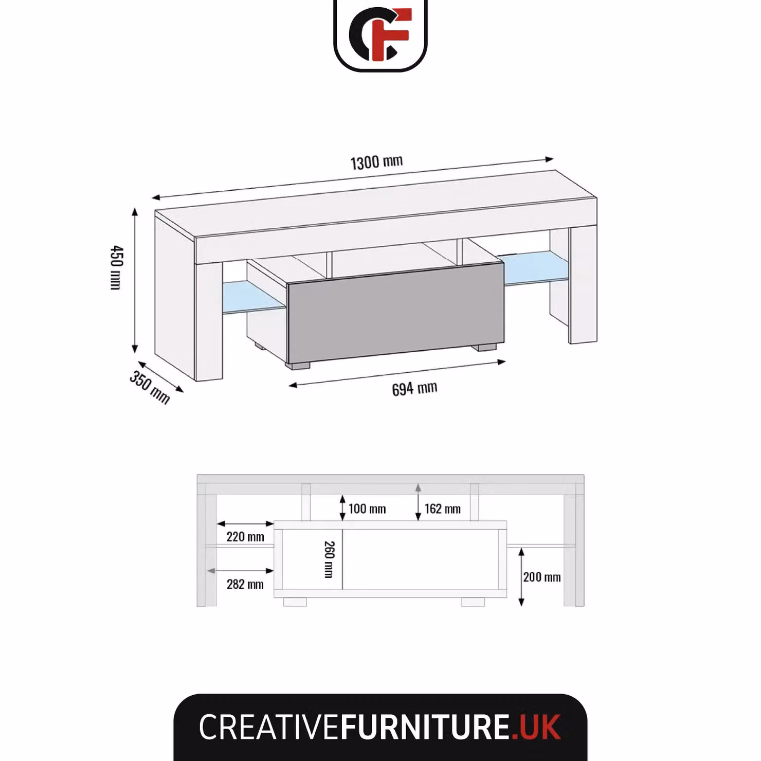 Creative Furniture Floe TV Unit in White with Glossy Doors and LED Lights, W: 130 cm, H: 45 cm, D: 35 cm – 3