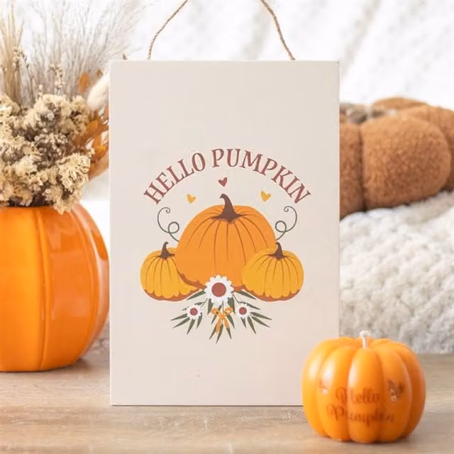 KDMK Hello Pumpkin Autumn Hanging Wood Wall Plaque, White