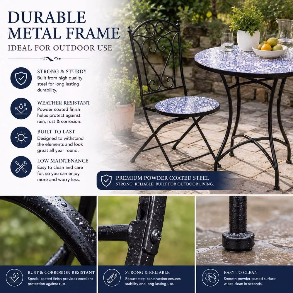 Shatchi Three Piece Mediterranean Mosaic Bistro Set with Blue Ceramic Round Table and Chairs – 3