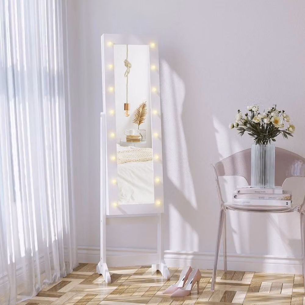 PAWNORA White Freestanding LED Mirrored Jewelry Cabinet with Internal Shelves – 3