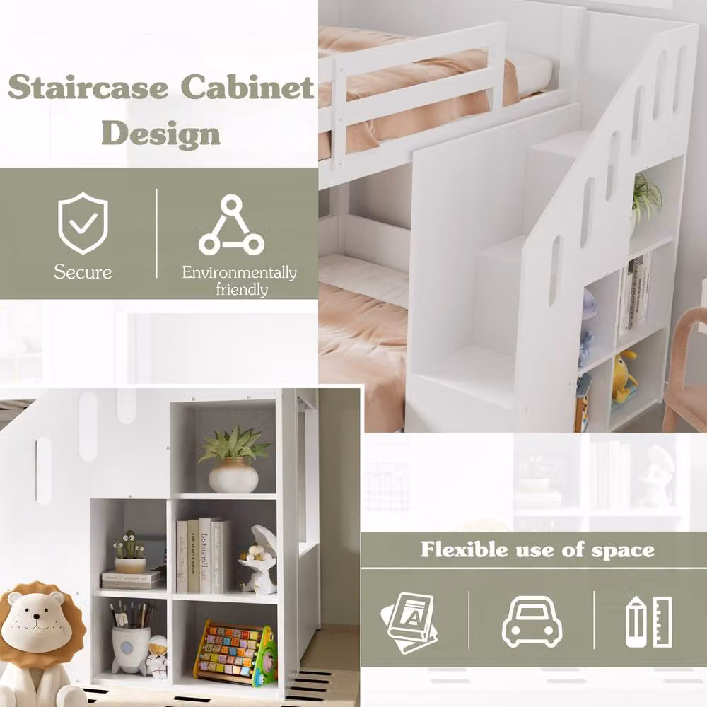 BTM White Kids Bunk Bed with Stairs and Side Storage Compartments, 2 Single Beds – 2