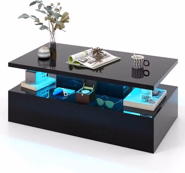 FORGEVIO 2 Tier Modern Black Coffee Table with 20 Colour LED Lights
