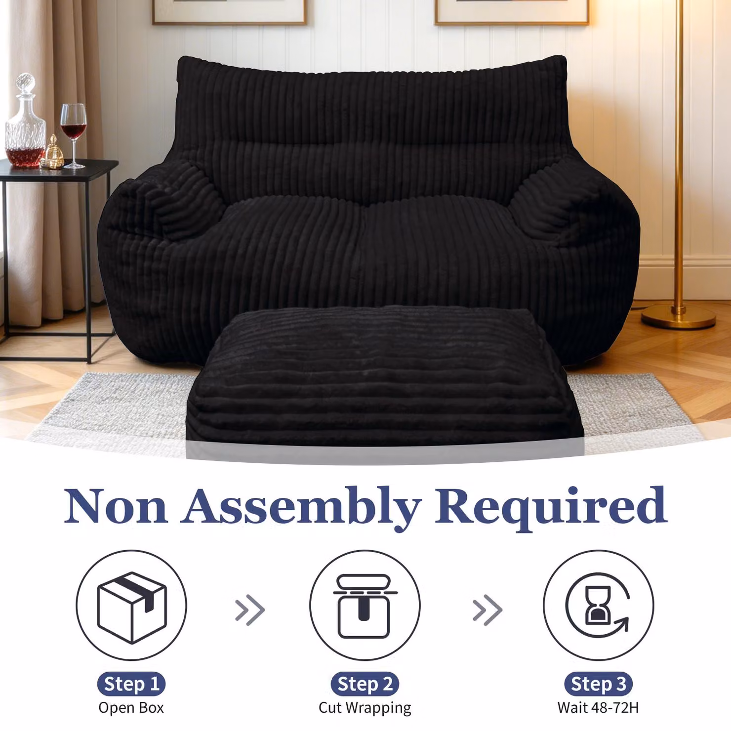 Aosom UK Oversized 2-Seater Corduroy Sofa with Matching Ottoman, Black, W/D/H: 135 x 100 x 75 cm – 4