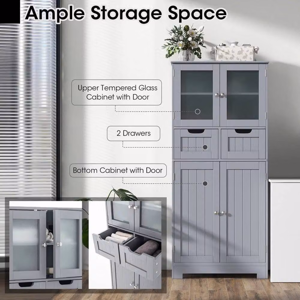FORGEVIO Grey Tall Freestanding Bathroom Storage Cabinet with Hinged Doors and Internal Shelves – 4