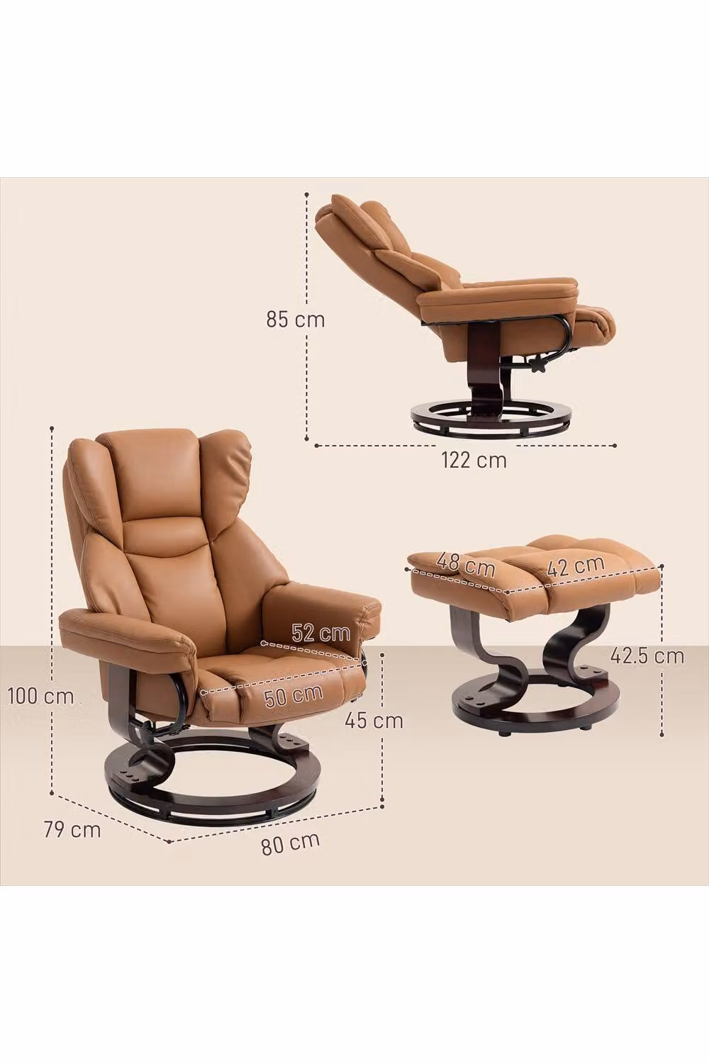 ERGOVEXA Brown Faux Leather Reclining Chair and Footstool Set – 2