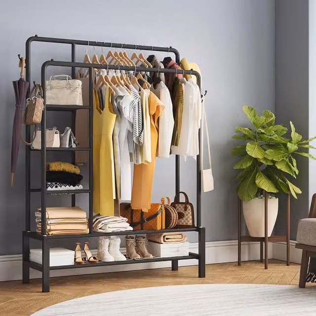 Klass Home Collection Heavy Duty Double Clothes Rail with Shoe Rack in Matt Black