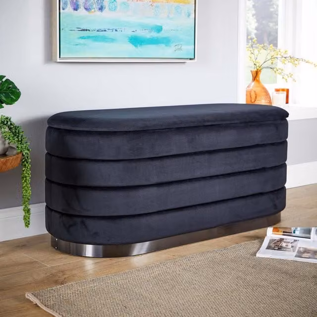 Home Source Velvet Storage Ottoman Bench Footstool in Black