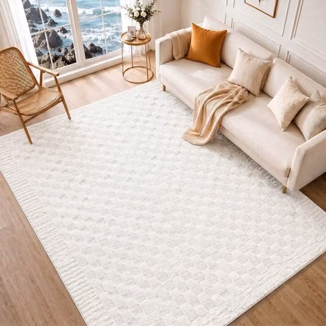 Livabliss Freud Modern Checkerboard High Pile Living and Dining Rug in White, Black and Brown, W: 160 cm, D: 215 cm